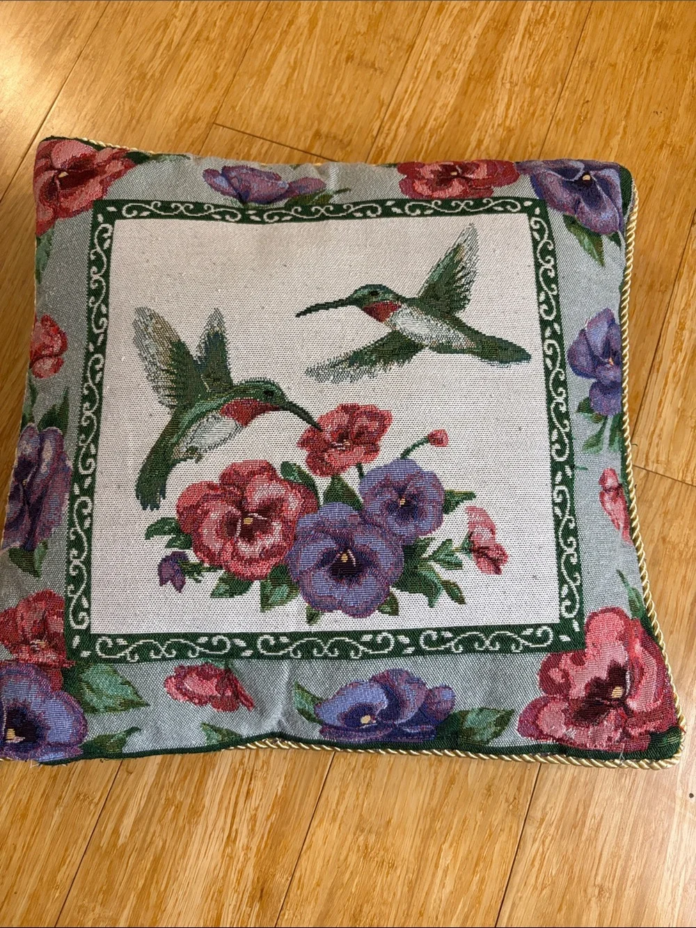 Vintage Hummingbird Tapestry Throw Pillow Floral Border 18x18 cottagecore